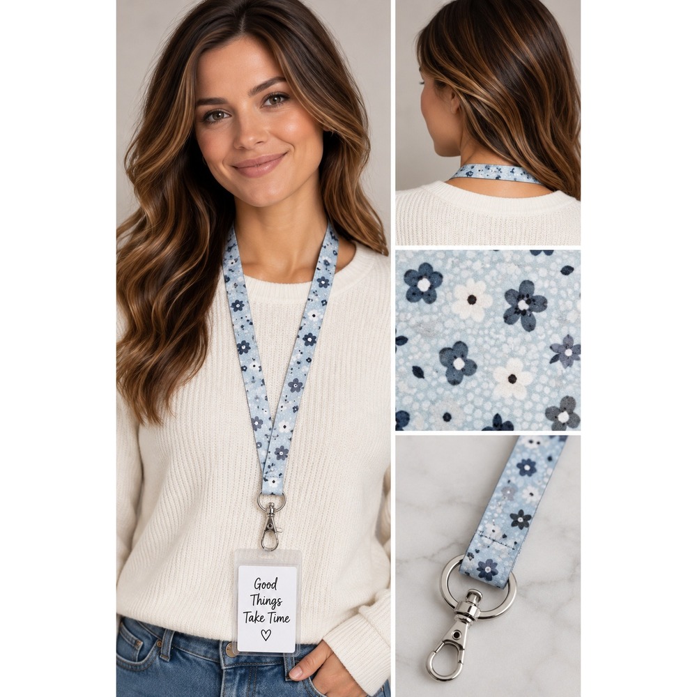 Vera Bradley Iconic Wide Lanyard Floating Ditsy Blue Floral Metallic 26960-R28